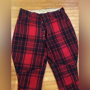 Vintage 50s Soo Woolen Mills Wool Hunting Pants Mens 34 Lace Up Plaid Red Black
